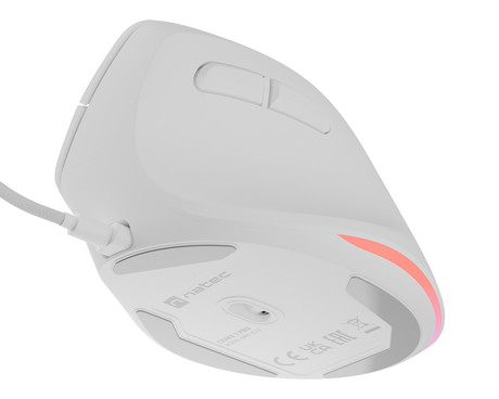 Natec CRAKE 2 PRO vertikalna žična miška, ergonomska, 12800DPI, 6 gumbov, tiha stikala, RGB LED osvetlitev, programska oprema, pomnilnik, 150cm pleteni kabel, za desničarje, bela