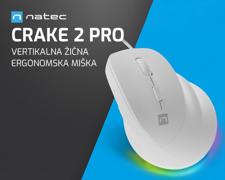 Natec CRAKE 2 PRO vertikalna žična miška, ergonomska, 12800DPI, 6 gumbov, tiha stikala, RGB LED osvetlitev, programska oprema, pomnilnik, 150cm pleteni kabel, za desničarje, bela