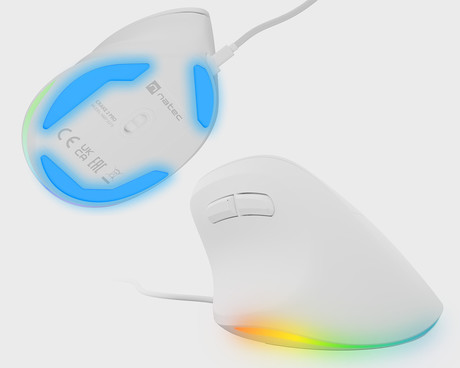Natec CRAKE 2 PRO vertikalna žična miška, ergonomska, 12800DPI, 6 gumbov, tiha stikala, RGB LED osvetlitev, programska oprema, pomnilnik, 150cm pleteni kabel, za desničarje, bela