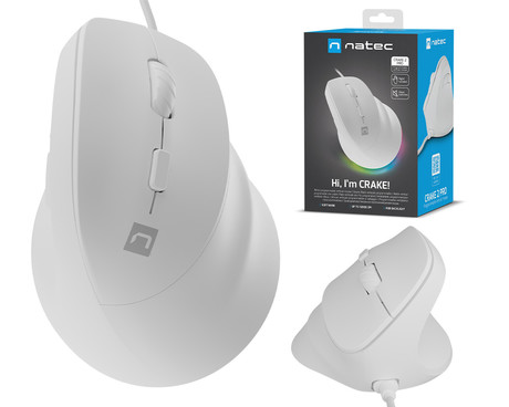 Natec CRAKE 2 PRO vertikalna žična miška, ergonomska, 12800DPI, 6 gumbov, tiha stikala, RGB LED osvetlitev, programska oprema, pomnilnik, 150cm pleteni kabel, za desničarje, bela