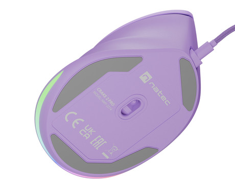 Natec CRAKE 2 PRO vertikalna žična miška, ergonomska, 12800DPI, 6 gumbov, tiha stikala, RGB LED osvetlitev, programska oprema, pomnilnik, 150cm pleteni kabel, za desničarje, vijolična