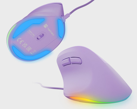 Natec CRAKE 2 PRO vertikalna žična miška, ergonomska, 12800DPI, 6 gumbov, tiha stikala, RGB LED osvetlitev, programska oprema, pomnilnik, 150cm pleteni kabel, za desničarje, vijolična