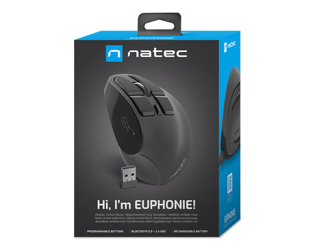 Natec EUPHONIE PRO vertikalna brezžična miška, ergonomska, Bluetooth / USB 2.4GHz, 4000DPI, 9 gumbov, tiha stikala, polnilna baterija, senzor Blue Sense, OLED zaslon, pomnilnik, USB Type-C, črna