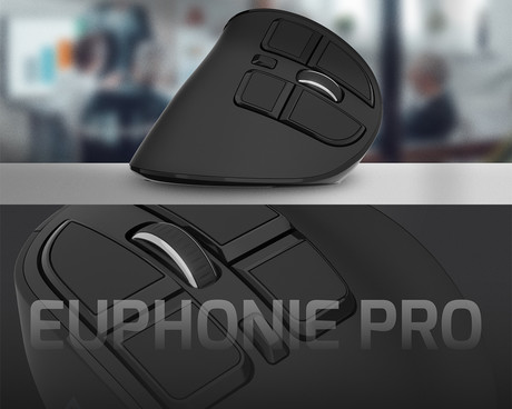 Natec EUPHONIE PRO vertikalna brezžična miška, ergonomska, Bluetooth / USB 2.4GHz, 4000DPI, 9 gumbov, tiha stikala, polnilna baterija, senzor Blue Sense, OLED zaslon, pomnilnik, USB Type-C, črna