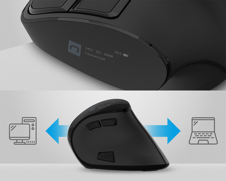 Natec EUPHONIE PRO vertikalna brezžična miška, ergonomska, Bluetooth / USB 2.4GHz, 4000DPI, 9 gumbov, tiha stikala, polnilna baterija, senzor Blue Sense, OLED zaslon, pomnilnik, USB Type-C, črna