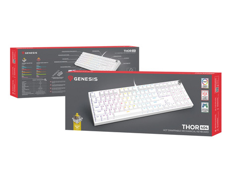 GENESIS THOR 404 gaming mehanska tipkovnica, žična, RGB LED osvetlitev, Hot-Swap tehnologija, Anti-Ghosting, Gateron Yellow Pro stikala, spomin, programska oprema, Plug & Play, F1-F12, bela