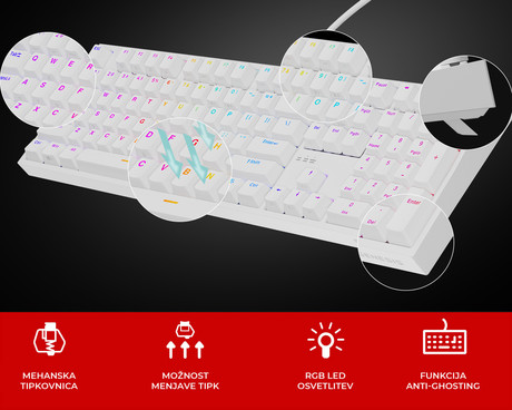 GENESIS THOR 404 gaming mehanska tipkovnica, žična, RGB LED osvetlitev, Hot-Swap tehnologija, Anti-Ghosting, Gateron Yellow Pro stikala, spomin, programska oprema, Plug & Play, F1-F12, bela