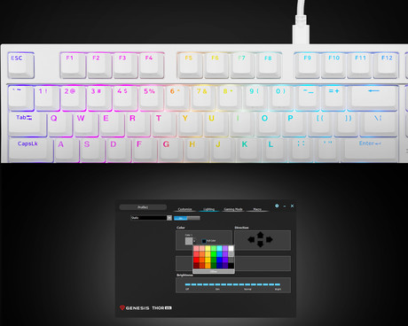 GENESIS THOR 404 gaming mehanska tipkovnica, žična, RGB LED osvetlitev, Hot-Swap tehnologija, Anti-Ghosting, Gateron Yellow Pro stikala, spomin, programska oprema, Plug & Play, F1-F12, bela