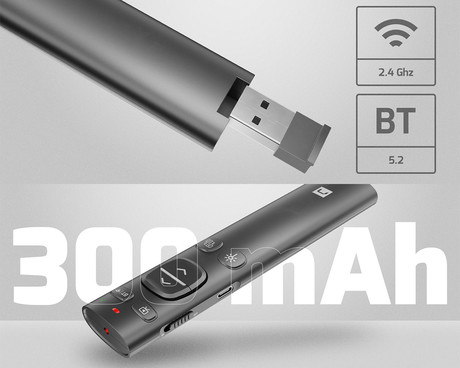 Natec WARBLER 2 brezžični laserski kazalnik, 8 gumbov, polnilna baterija, 2.4GHz sprejemnik / Bluetooth povezovanje, doseg do 10m, USB Type-C, siv
