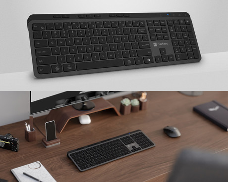 Natec MEDUSA brezžična tipkovnica, profesionalna, Bluetooth / USB 2.4GHz, X-SCISSORS tiha stikala, polnilna baterija, 21 multimedijskih tipk, Windows / Android / Linux / MacOS, USB Type-C, črna