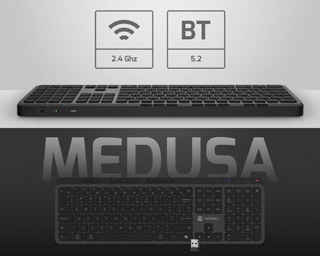 Natec MEDUSA brezžična tipkovnica, profesionalna, Bluetooth / USB 2.4GHz, X-SCISSORS tiha stikala, polnilna baterija, 21 multimedijskih tipk, Windows / Android / Linux / MacOS, USB Type-C, črna