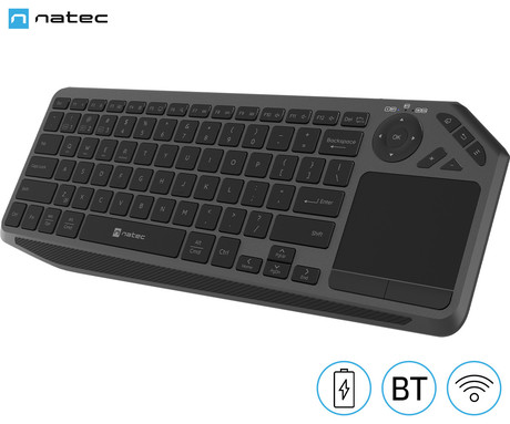 Natec TURBOT 2 brezžična tipkovnica, profesionalna, Bluetooth / USB 2.4GHz, X-SCISSORS tiha stikala, polnilna baterija, 22 multimedijskih tipk, Windows / Android / iOS / Linux / MAC, USB Type-C, črna