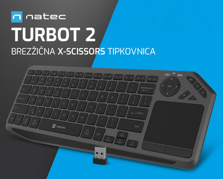 Natec TURBOT 2 brezžična tipkovnica, profesionalna, Bluetooth / USB 2.4GHz, X-SCISSORS tiha stikala, polnilna baterija, 22 multimedijskih tipk, Windows / Android / iOS / Linux / MAC, USB Type-C, črna