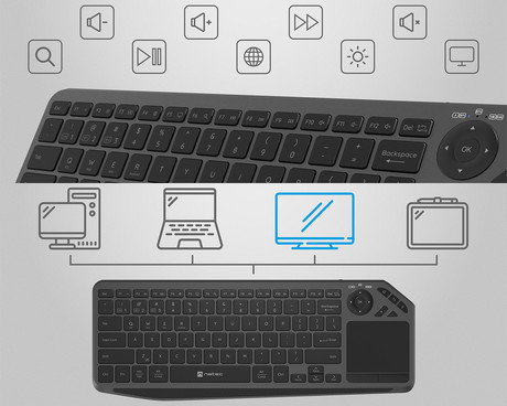 Natec TURBOT 2 brezžična tipkovnica, profesionalna, Bluetooth / USB 2.4GHz, X-SCISSORS tiha stikala, polnilna baterija, 22 multimedijskih tipk, Windows / Android / iOS / Linux / MAC, USB Type-C, črna