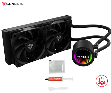 GENESIS HYDRIA 240 vodno hlajenje, All-In-One, 240mm, aktivno, univerzalna kompatibilnost, 3-fazna črpalka, 2x 120mm PWM ventilator, FDB ležaji, LED osvetlitev, +dodatki za namestitev