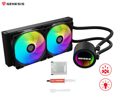 GENESIS HYDRIA 240 ARGB vodno hlajenje, All-In-One, 240mm, aktivno, univerzalna kompatibilnost, 3-fazna črpalka, 2x 120mm PWM ventilator, FDB ležaji, ARGB LED osvetlitev, +dodatki za namestitev
