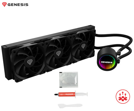 GENESIS HYDRIA 360 ARGB vodno hlajenje, All-In-One, 360mm, aktivno, univerzalna kompatibilnost, 3-fazna črpalka, 3x 120mm PWM ventilator, FDB ležaji, ARGB LED osvetlitev, +dodatki za namestitev