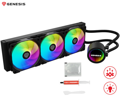 GENESIS HYDRIA 360 ARGB vodno hlajenje, All-In-One, 360mm, aktivno, univerzalna kompatibilnost, 3-fazna črpalka, 3x 120mm PWM ventilator, FDB ležaji, ARGB LED osvetlitev, +dodatki za namestitev