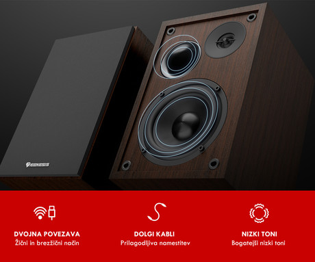 GENESIS ARSEN 302BT računalniški zvočniki, STEREO 2.0, 20W RMS, Bluetooth 5.3, 4" woofer + 1.25" tweeter, BassReflex funkcija, gumbi za upravljanje, RCA/Chinch, MDF les, rjavi (Natural Brown)