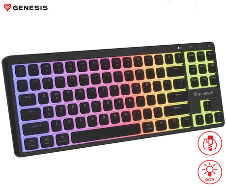 GENESIS THOR 430 TKL gaming mehanska tipkovnica, brezžična / žična, USB 2.4GHz / BT / USB-C, baterija, RGB LED, Hot-Swap, Anti-Ghosting, Outemu Pink, spomin, programska oprema, Plug&Play, F1-F12, črna