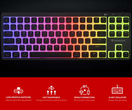 GENESIS THOR 430 TKL gaming mehanska tipkovnica, brezžična / žična, USB 2.4GHz / BT / USB-C, baterija, RGB LED, Hot-Swap, Anti-Ghosting, Outemu Pink, spomin, programska oprema, Plug&Play, F1-F12, črna