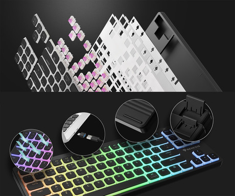 GENESIS THOR 430 TKL gaming mehanska tipkovnica, brezžična / žična, USB 2.4GHz / BT / USB-C, baterija, RGB LED, Hot-Swap, Anti-Ghosting, Outemu Pink, spomin, programska oprema, Plug&Play, F1-F12, črna