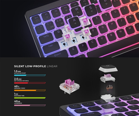 GENESIS THOR 430 TKL gaming mehanska tipkovnica, brezžična / žična, USB 2.4GHz / BT / USB-C, baterija, RGB LED, Hot-Swap, Anti-Ghosting, Outemu Pink, spomin, programska oprema, Plug&Play, F1-F12, črna