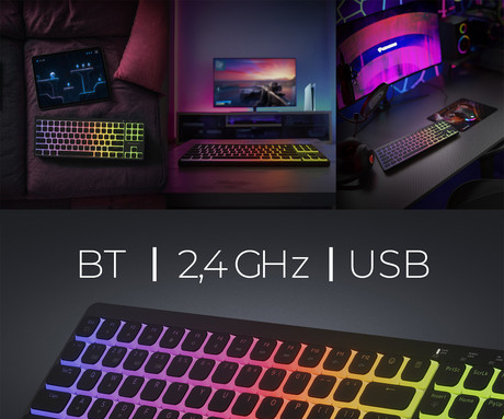 GENESIS THOR 430 TKL gaming mehanska tipkovnica, brezžična / žična, USB 2.4GHz / BT / USB-C, baterija, RGB LED, Hot-Swap, Anti-Ghosting, Outemu Pink, spomin, programska oprema, Plug&Play, F1-F12, črna