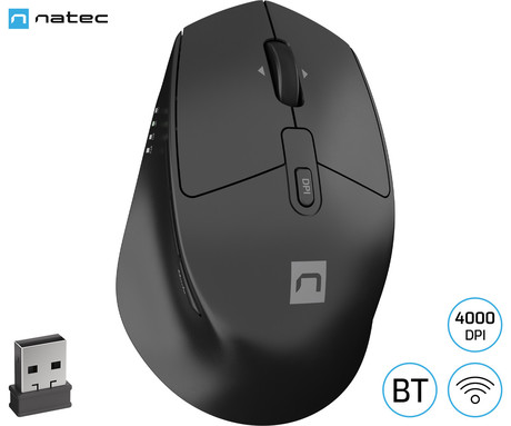 Natec KITE brezžična miška, ergonomska, Bluetooth / USB 2.4GHz, 4000DPI, 9 gumbov, 1x AA baterija, BlueSense optični senzor, teflonski drsniki, Plug & Play, črna