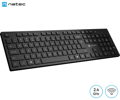 Natec HERRING WIRELESS brezžična tipkovnica, membranska, profesionalna, USB 2.4GHz, CHICLET tiha stikala, nizek profil, 2x AAA baterija, 12 multimedijskih tipk, Windows / Android / Linux, črna