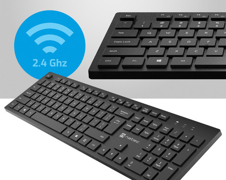Natec HERRING WIRELESS brezžična tipkovnica, membranska, profesionalna, USB 2.4GHz, CHICLET tiha stikala, nizek profil, 2x AAA baterija, 12 multimedijskih tipk, Windows / Android / Linux, črna