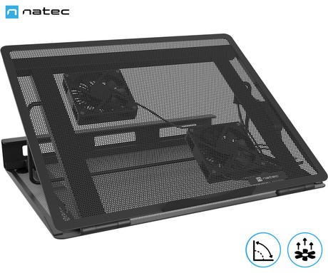 Natec TERN 2 PLUS hladilno stojalo za prenosnike, do 17.3", 8 stopenj naklona, 2x 80mm ventilator, nastavljiva hitrost, magnetna pritrditev ventilatorjev, organizacija kablov, kovina, črno