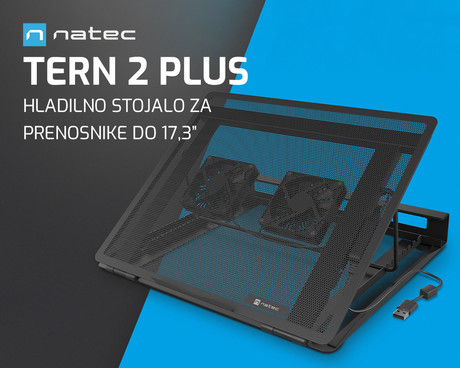 Natec TERN 2 PLUS hladilno stojalo za prenosnike, do 17.3", 8 stopenj naklona, 2x 80mm ventilator, nastavljiva hitrost, magnetna pritrditev ventilatorjev, organizacija kablov, kovina, črno