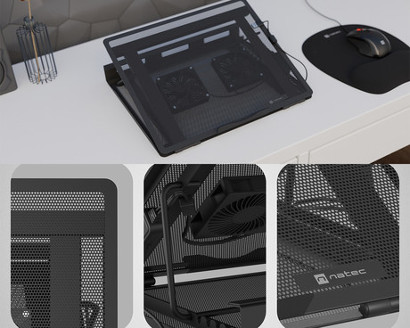 Natec TERN 2 PLUS hladilno stojalo za prenosnike, do 17.3", 8 stopenj naklona, 2x 80mm ventilator, nastavljiva hitrost, magnetna pritrditev ventilatorjev, organizacija kablov, kovina, črno