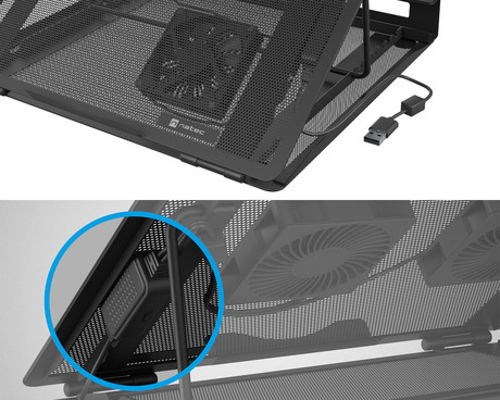 Natec TERN 2 PLUS hladilno stojalo za prenosnike, do 17.3", 8 stopenj naklona, 2x 80mm ventilator, nastavljiva hitrost, magnetna pritrditev ventilatorjev, organizacija kablov, kovina, črno