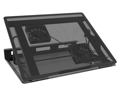 Natec TERN 2 PLUS hladilno stojalo za prenosnike, do 17.3", 8 stopenj naklona, 2x 80mm ventilator, nastavljiva hitrost, magnetna pritrditev ventilatorjev, organizacija kablov, kovina, črno