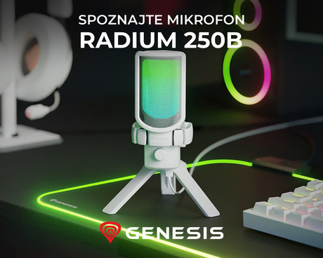 GENESIS RADIUM 250 profesionalni mikrofon, namizni / studijski, 192kHz, POP filter, gumb MUTE / GAIN, jack 3.5mm, USB Type-C, PC, RGB LED osvetlitev, bel