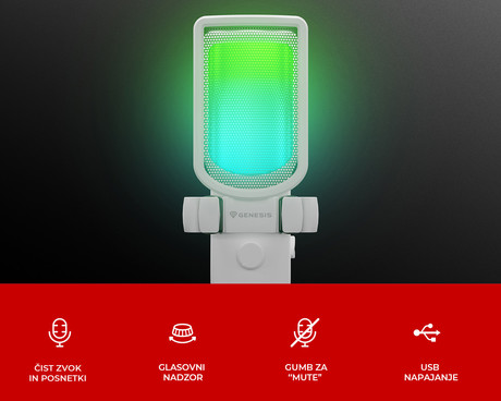 GENESIS RADIUM 250 profesionalni mikrofon, namizni / studijski, 192kHz, POP filter, gumb MUTE / GAIN, jack 3.5mm, USB Type-C, PC, RGB LED osvetlitev, bel
