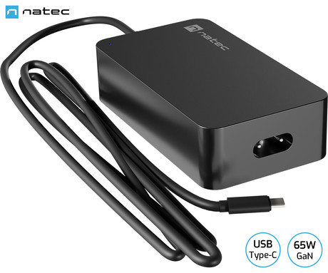 Natec GRAYLING GaN 65W polnilec za prenosnik / tablico / telefon, USB-C, PD 3.0, protokol PPS, univerzalna kompatibilnost, tehnologija GaN, varnostne zaščite, Uni-Schuko, 95x55x25mm, črn