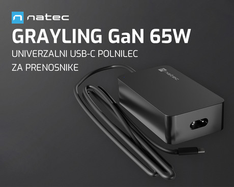 Natec GRAYLING GaN 65W polnilec za prenosnik / tablico / telefon, USB-C, PD 3.0, protokol PPS, univerzalna kompatibilnost, tehnologija GaN, varnostne zaščite, Uni-Schuko, 95x55x25mm, črn