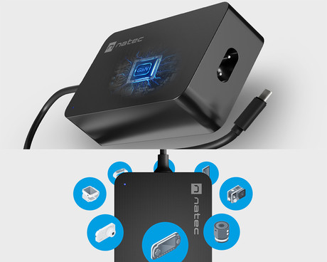 Natec GRAYLING GaN 65W polnilec za prenosnik / tablico / telefon, USB-C, PD 3.0, protokol PPS, univerzalna kompatibilnost, tehnologija GaN, varnostne zaščite, Uni-Schuko, 95x55x25mm, črn