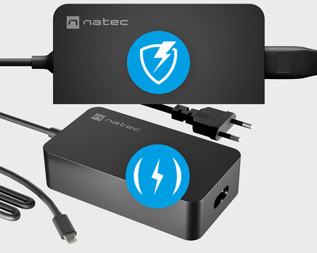 Natec GRAYLING GaN 65W polnilec za prenosnik / tablico / telefon, USB-C, PD 3.0, protokol PPS, univerzalna kompatibilnost, tehnologija GaN, varnostne zaščite, Uni-Schuko, 95x55x25mm, črn