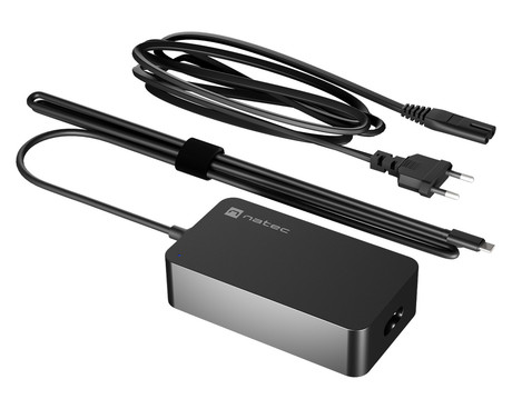 Natec GRAYLING GaN 65W polnilec za prenosnik / tablico / telefon, USB-C, PD 3.0, protokol PPS, univerzalna kompatibilnost, tehnologija GaN, varnostne zaščite, Uni-Schuko, 95x55x25mm, črn