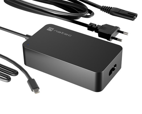 Natec GRAYLING GaN 65W polnilec za prenosnik / tablico / telefon, USB-C, PD 3.0, protokol PPS, univerzalna kompatibilnost, tehnologija GaN, varnostne zaščite, Uni-Schuko, 95x55x25mm, črn
