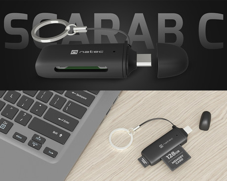Natec SCARAB C čitalnik spominskih kartic, konektor USB Type-C, max 2TB, 5 GB/s, branje kartic microSD / SDHC / T-Flash, Plug&Play, črn