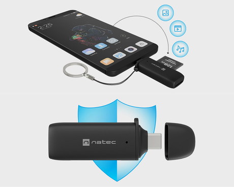 Natec SCARAB C čitalnik spominskih kartic, konektor USB Type-C, max 2TB, 5 GB/s, branje kartic microSD / SDHC / T-Flash, Plug&Play, črn