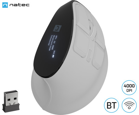 Natec EUPHONIE PRO vertikalna brezžična miška, ergonomska, Bluetooth / USB 2.4GHz, 4000DPI, 9 gumbov, tiha stikala, polnilna baterija, senzor Blue Sense, OLED zaslon, pomnilnik, USB Type-C, bela