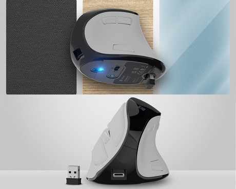 Natec EUPHONIE PRO vertikalna brezžična miška, ergonomska, Bluetooth / USB 2.4GHz, 4000DPI, 9 gumbov, tiha stikala, polnilna baterija, senzor Blue Sense, OLED zaslon, pomnilnik, USB Type-C, bela