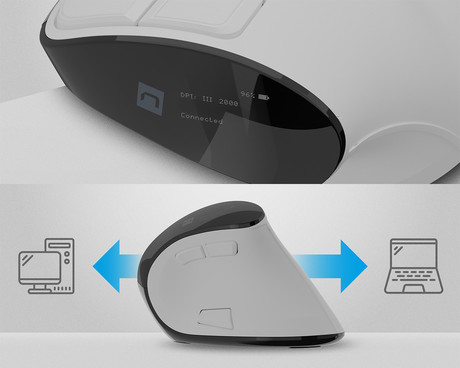 Natec EUPHONIE PRO vertikalna brezžična miška, ergonomska, Bluetooth / USB 2.4GHz, 4000DPI, 9 gumbov, tiha stikala, polnilna baterija, senzor Blue Sense, OLED zaslon, pomnilnik, USB Type-C, bela