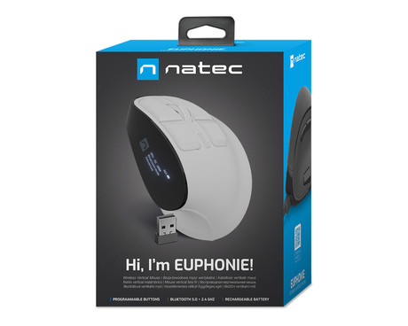 Natec EUPHONIE PRO vertikalna brezžična miška, ergonomska, Bluetooth / USB 2.4GHz, 4000DPI, 9 gumbov, tiha stikala, polnilna baterija, senzor Blue Sense, OLED zaslon, pomnilnik, USB Type-C, bela